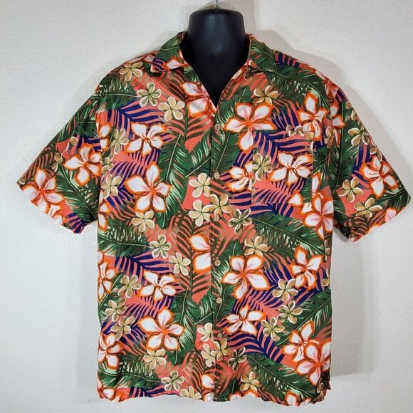 Uzzi Mens XL Hawaiian Floral Short Sleeve Shirt Green/Orange Tropical Button-Up - Picture 9 of 10